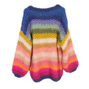 European And American Style Rainbow Pure Handmade Small Flower Striped Lazy Thick Needle Sweater