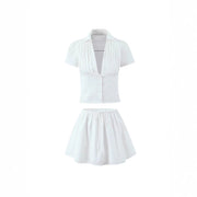 Women's Solid Color Casual Top Waist Trimming Shirt Women's High Waist A- Line Skirt