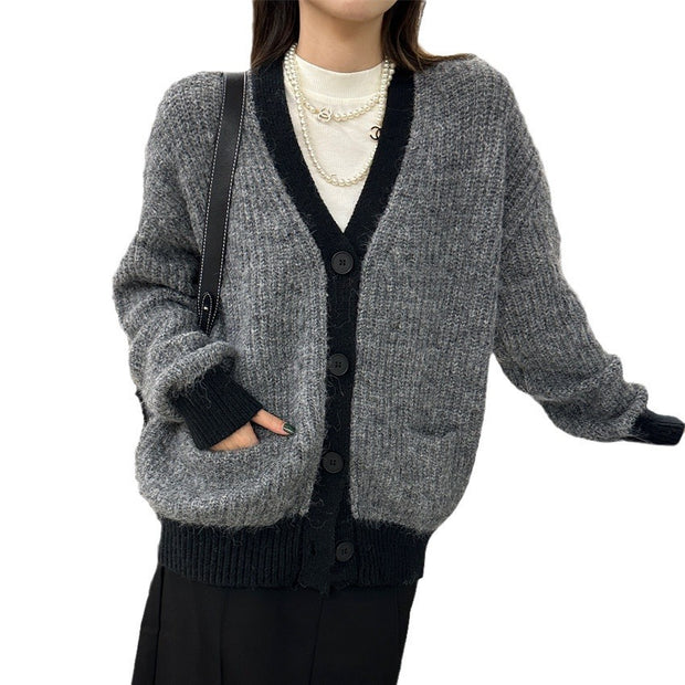 Women's Wool Contrast Color Knitted Sweater Cardigan V-neck