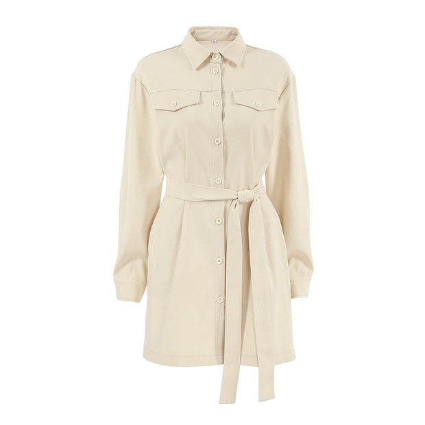 Lapel Drop Shoulder Sleeve Pocket Retro Dress Women