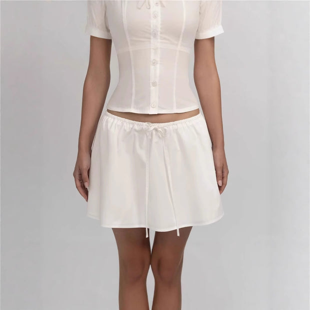 Women's Solid Color Casual Top Waist Trimming Shirt Women's High Waist A- Line Skirt