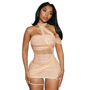 Mesh Halter Backless Asymmetric Pleated Sheath Dress