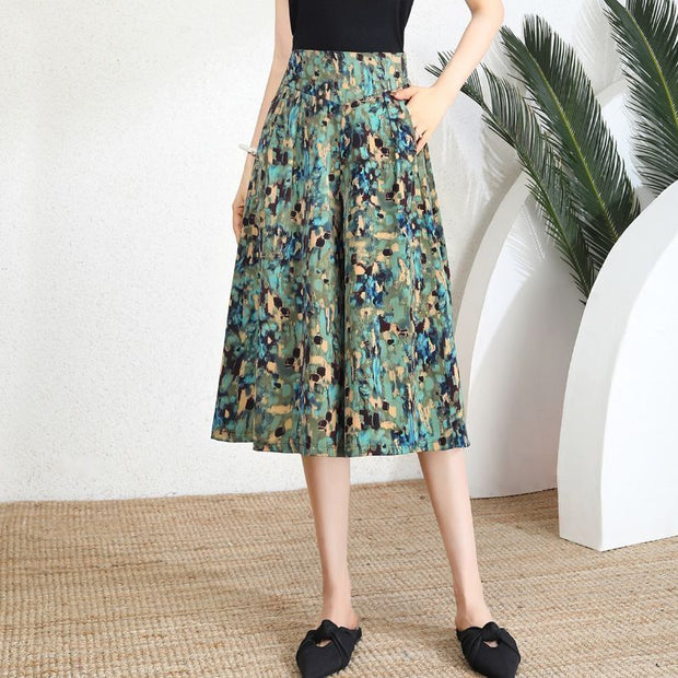 Women's Pants High Waist Wide Leg Pants Polka Dot Floral Half-length