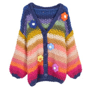 European And American Style Rainbow Pure Handmade Small Flower Striped Lazy Thick Needle Sweater