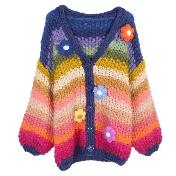 European And American Style Rainbow Pure Handmade Small Flower Striped Lazy Thick Needle Sweater