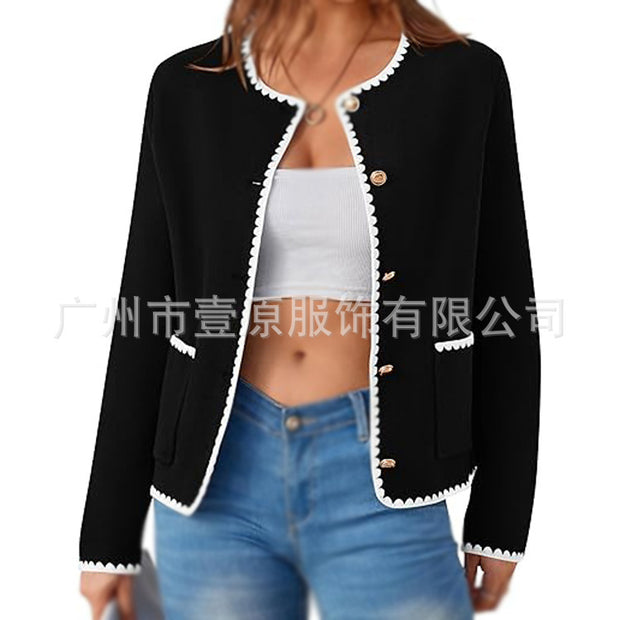Female Leisure Tweed Classic Style Knitted Coat