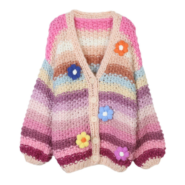 European And American Style Rainbow Pure Handmade Small Flower Striped Lazy Thick Needle Sweater