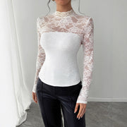 European And American Style Lace Stitching Back Long-sleeve Zipper Slim Fit Slimming Top Women