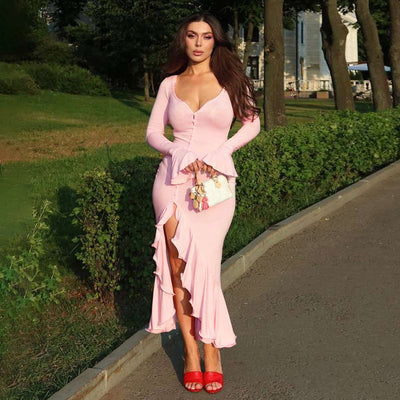 New Fashion V-neck Flared Sleeves Ruffled Split Dress Women