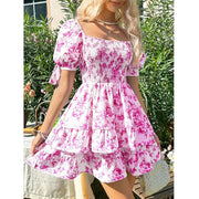 Women's Puff Sleeve Square Neck Smocked Dress Boho Floral Print Off Shoulder Ruffle Mini Short Dress