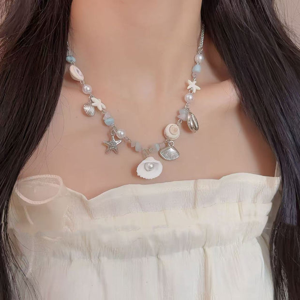 Starfish Shell Asymmetric Beaded Necklace For Women