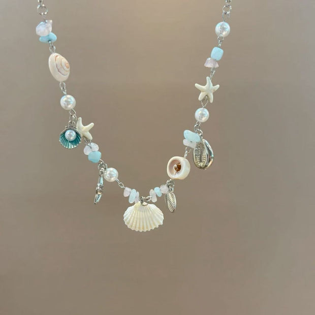 Starfish Shell Asymmetric Beaded Necklace For Women