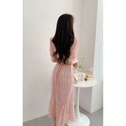 Summer New French Style V-neck Lace Edge Puff Sleeve Dress