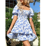 Women's Puff Sleeve Square Neck Smocked Dress Boho Floral Print Off Shoulder Ruffle Mini Short Dress