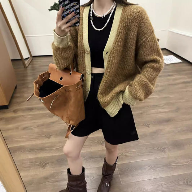 Women's Wool Contrast Color Knitted Sweater Cardigan V-neck