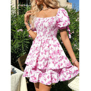 Women's Puff Sleeve Square Neck Smocked Dress Boho Floral Print Off Shoulder Ruffle Mini Short Dress