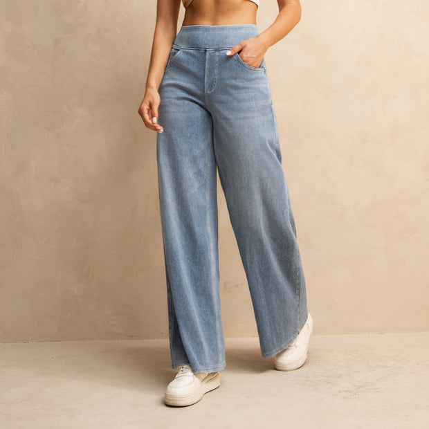 Shascullfites Melody Women's High-Waisted Wide-Leg Jeans Light Blue Casual Knitted Pants With Pockets Baggy Fit