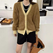 Women's Wool Contrast Color Knitted Sweater Cardigan V-neck