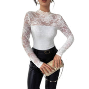 European And American Style Lace Stitching Back Long-sleeve Zipper Slim Fit Slimming Top Women
