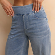 Shascullfites Melody Women's High-Waisted Wide-Leg Jeans Light Blue Casual Knitted Pants With Pockets Baggy Fit