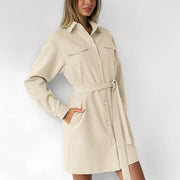 Lapel Drop Shoulder Sleeve Pocket Retro Dress Women
