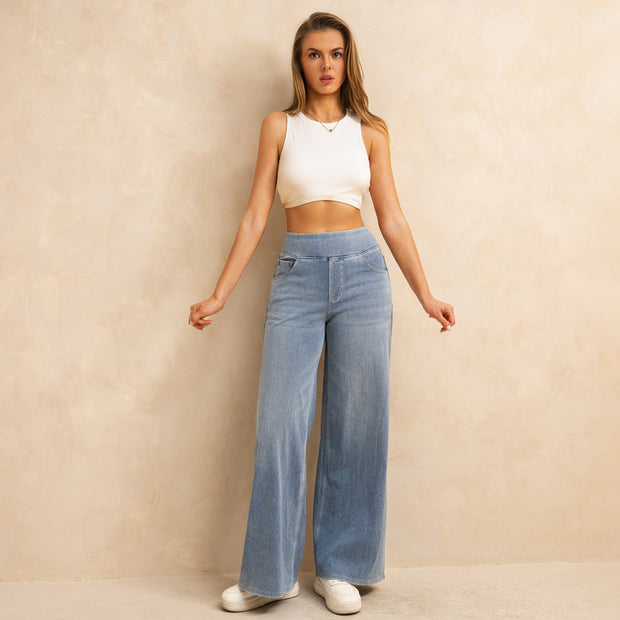 Shascullfites Melody Women's High-Waisted Wide-Leg Jeans Light Blue Casual Knitted Pants With Pockets Baggy Fit
