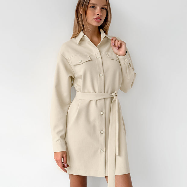 Lapel Drop Shoulder Sleeve Pocket Retro Dress Women