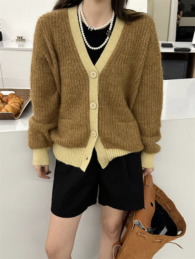 Women's Wool Contrast Color Knitted Sweater Cardigan V-neck
