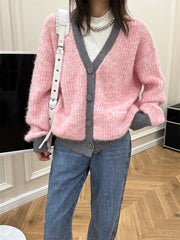 Women's Wool Contrast Color Knitted Sweater Cardigan V-neck