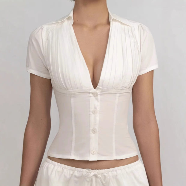 Women's Solid Color Casual Top Waist Trimming Shirt Women's High Waist A- Line Skirt