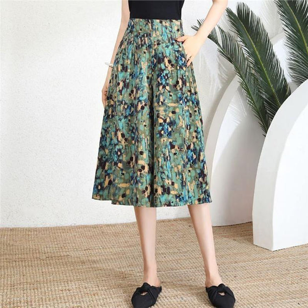 Women's Pants High Waist Wide Leg Pants Polka Dot Floral Half-length