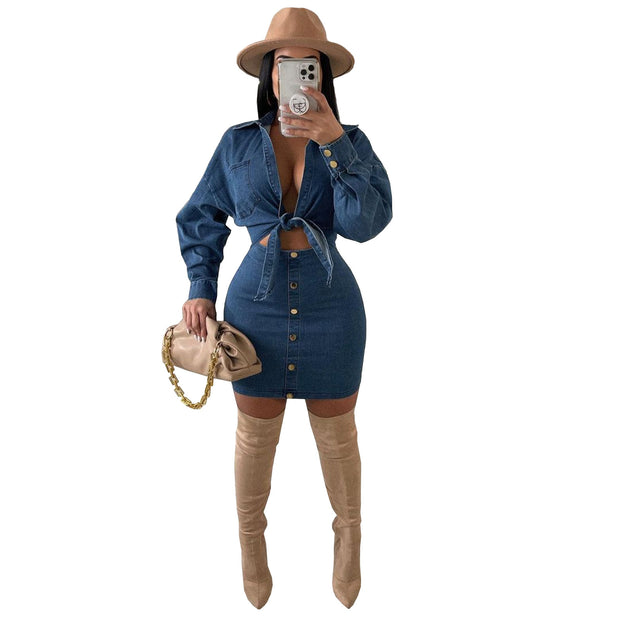 Denim Collar Tube Top Button Bow Fashion Dress Suit