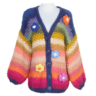 European And American Style Rainbow Pure Handmade Small Flower Striped Lazy Thick Needle Sweater