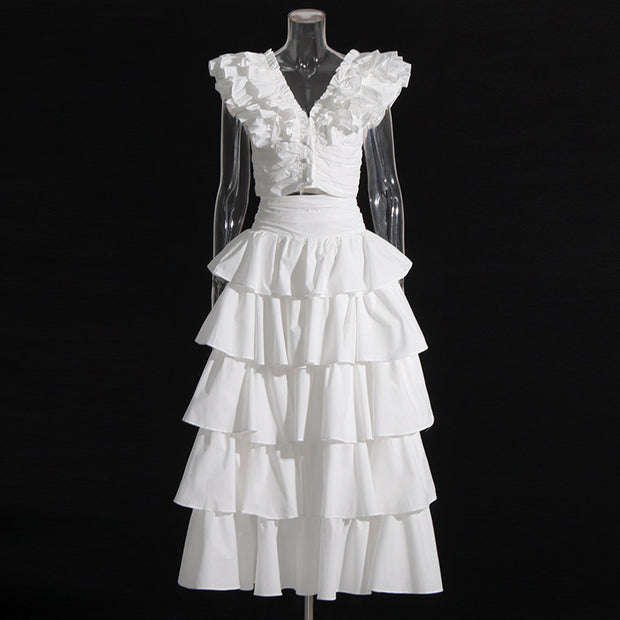 Vacation Style Fashion Casual Set Short Top Ruffled High Waist Skirt