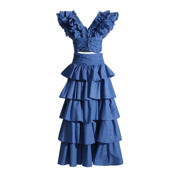 Vacation Style Fashion Casual Set Short Top Ruffled High Waist Skirt