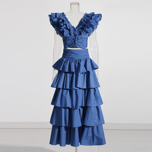Vacation Style Fashion Casual Set Short Top Ruffled High Waist Skirt