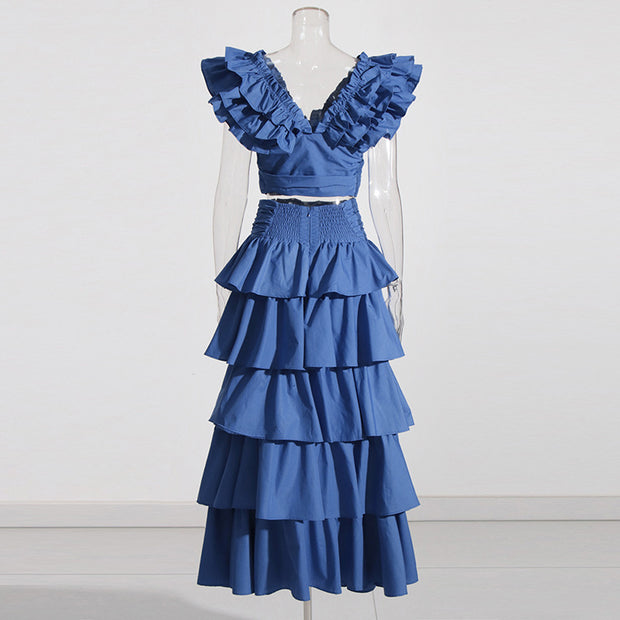 Vacation Style Fashion Casual Set Short Top Ruffled High Waist Skirt