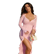 New Fashion V-neck Flared Sleeves Ruffled Split Dress Women