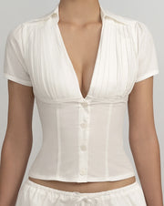 Women's Solid Color Casual Top Waist Trimming Shirt Women's High Waist A- Line Skirt