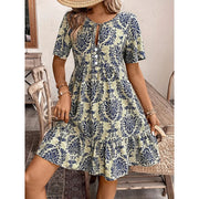 Women Casual Summer Dress Boho Drawstring V Neck Short Sleeve Floral Print Flowy Beach Dress