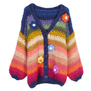 European And American Style Rainbow Pure Handmade Small Flower Striped Lazy Thick Needle Sweater
