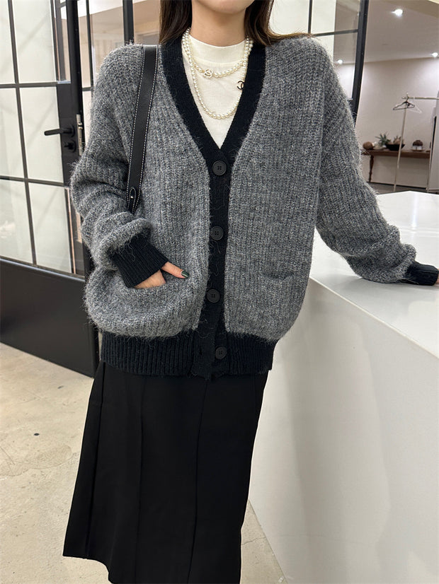 Women's Wool Contrast Color Knitted Sweater Cardigan V-neck