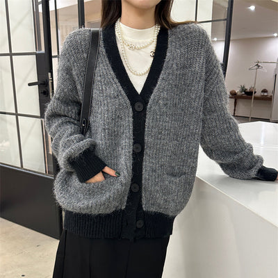 Women's Wool Contrast Color Knitted Sweater Cardigan V-neck