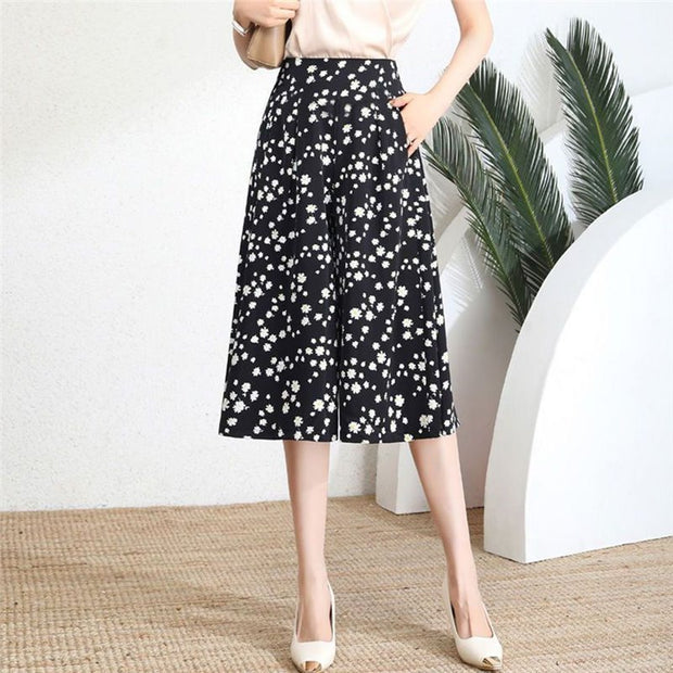 Women's Pants High Waist Wide Leg Pants Polka Dot Floral Half-length