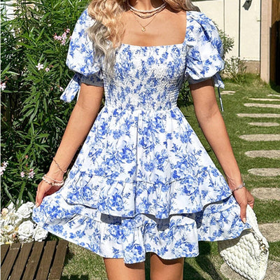 Women's Puff Sleeve Square Neck Smocked Dress Boho Floral Print Off Shoulder Ruffle Mini Short Dress