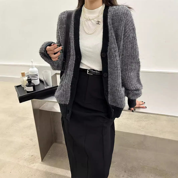 Women's Wool Contrast Color Knitted Sweater Cardigan V-neck