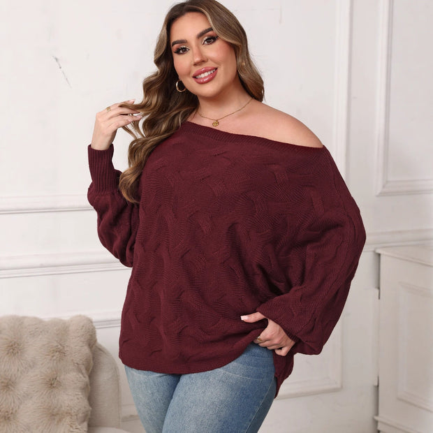 Plus Size Women's Sexy Off-shoulder Batwing Sleeve Loose Pullover