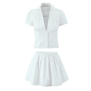 Women's Solid Color Casual Top Waist Trimming Shirt Women's High Waist A- Line Skirt