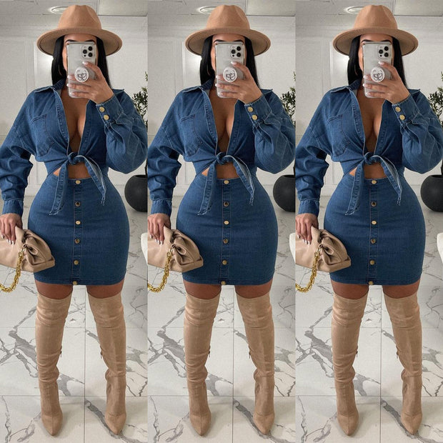 Denim Collar Tube Top Button Bow Fashion Dress Suit