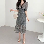 Summer New French Style V-neck Lace Edge Puff Sleeve Dress